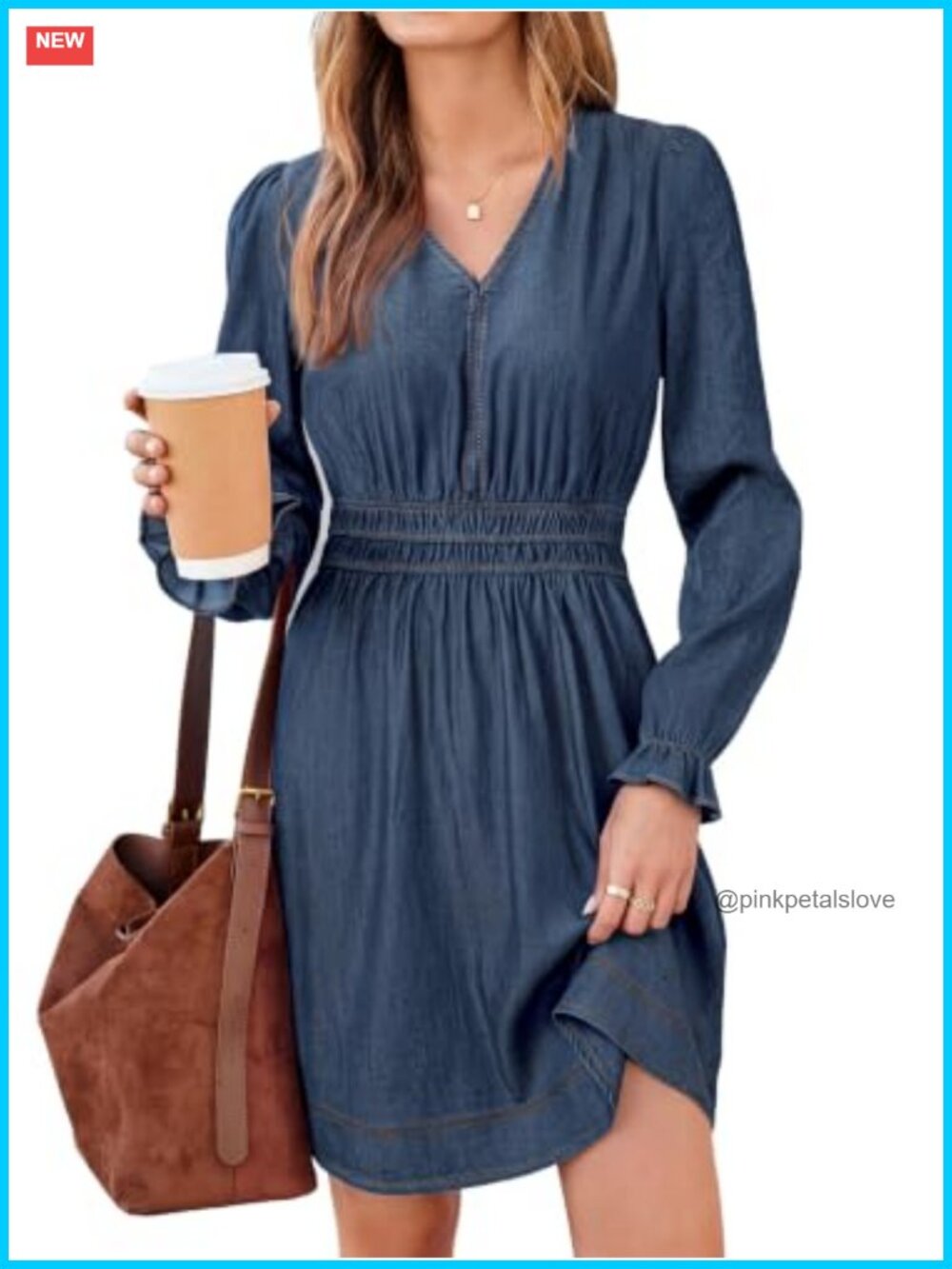 Women's Denim Dress Long Sleeve V Neck Smocked Mini Jean Dress